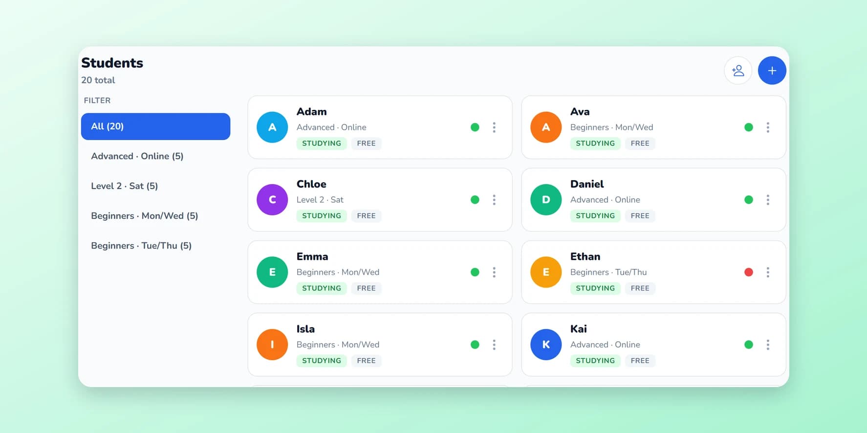 Amavit teacher's student list: 20 students in four groups, each with an activity status