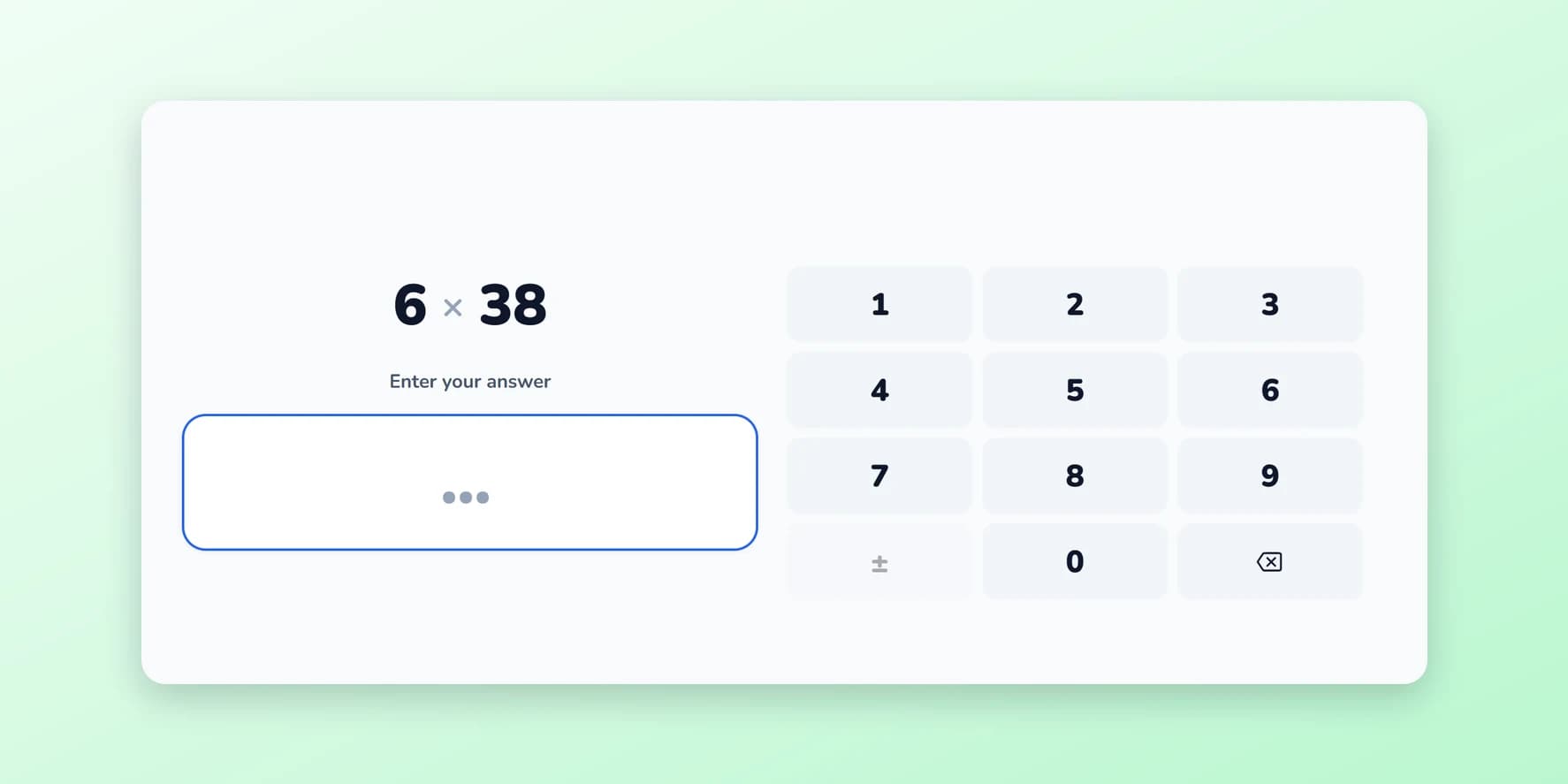 Amavit Multiplication game: the student solves 6 × 38 mentally and enters the answer