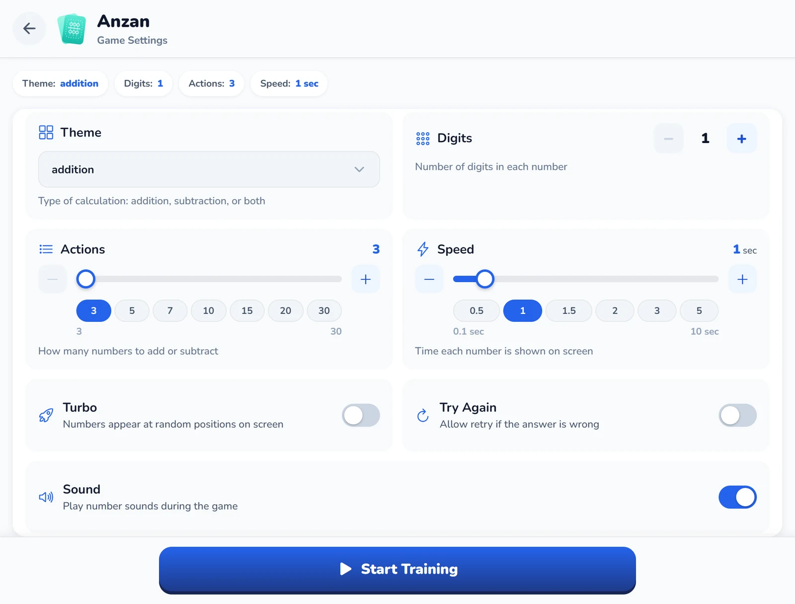 Anzan game settings in Amavit: type of calculation, digits, number of actions, speed from 0.1 to 10 seconds, turbo and sound