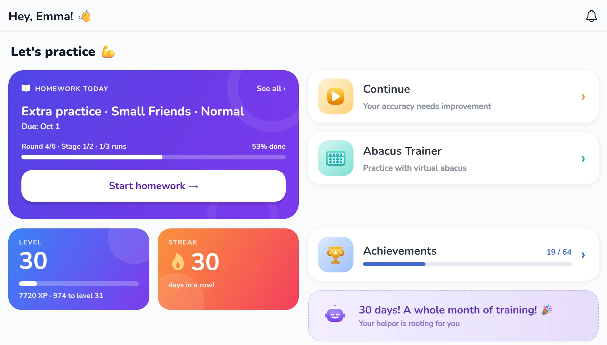Child's home screen in Amavit with a 30-day practice streak, level and today's homework