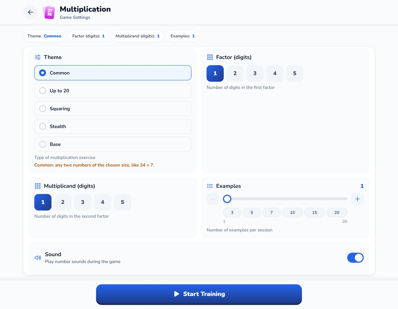 Amavit Multiplication game settings: exercise type (common, up to 20, squaring, base), number of digits in each factor and number of examples