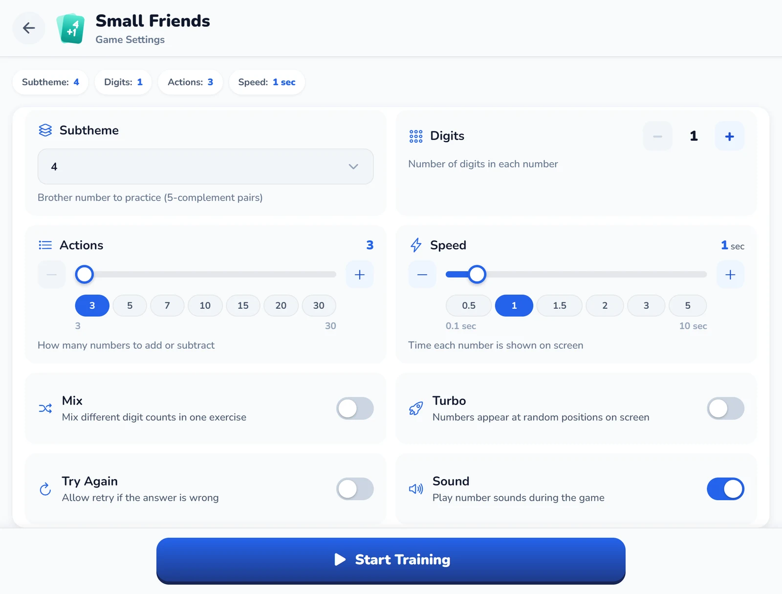 Small Friends game settings in Amavit: subtheme, digits, number of actions and speed