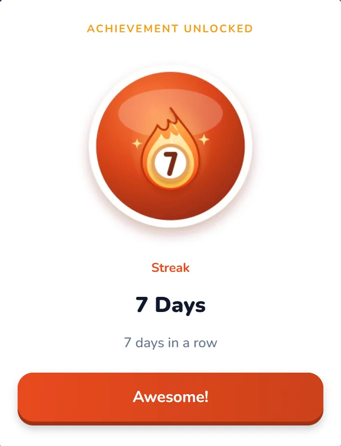 Streak achievement unlocked in Amavit after 7 days of practice in a row