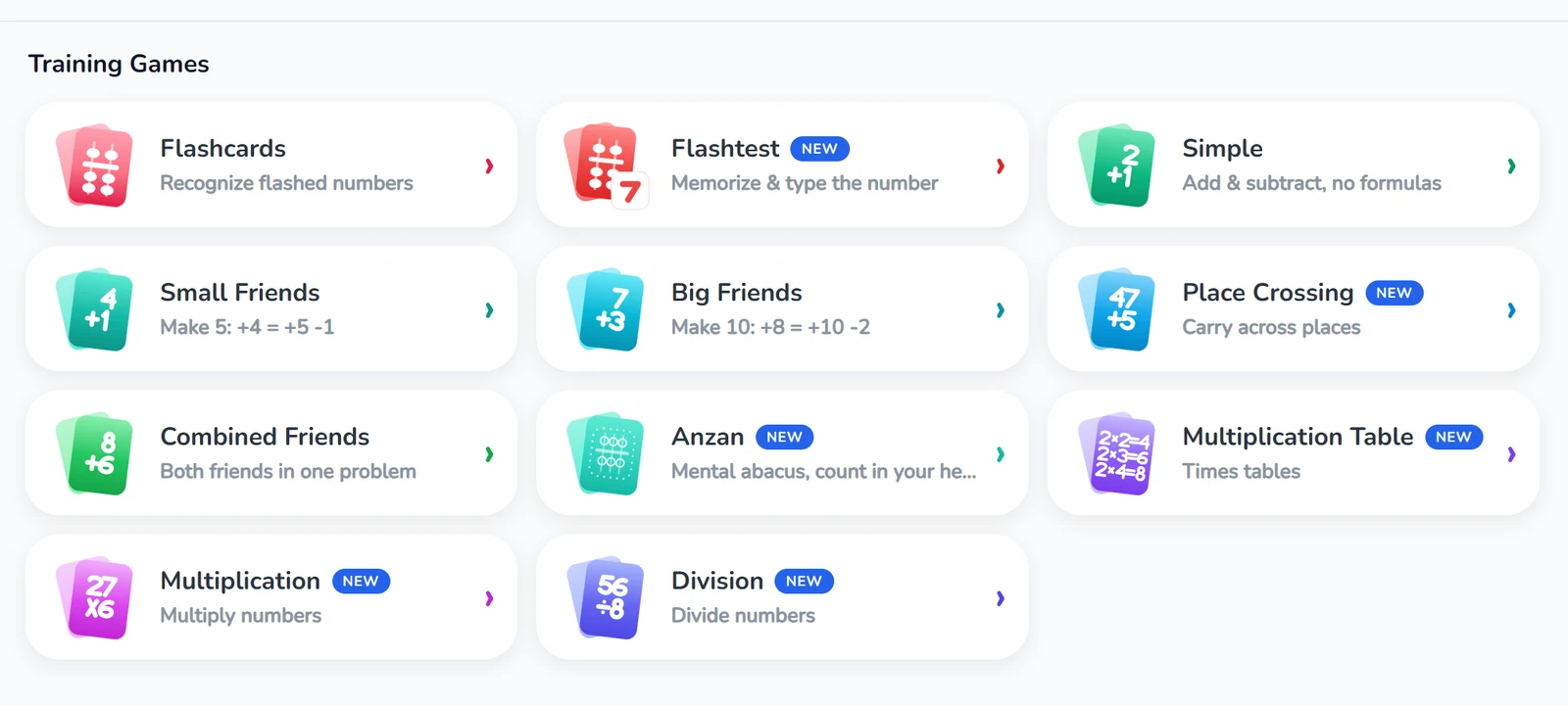 Amavit training games: Simple, Small Friends (Make 5: +4 = +5 −1), Big Friends (Make 10: +8 = +10 −2), Place Crossing, Combined Friends, Anzan and more